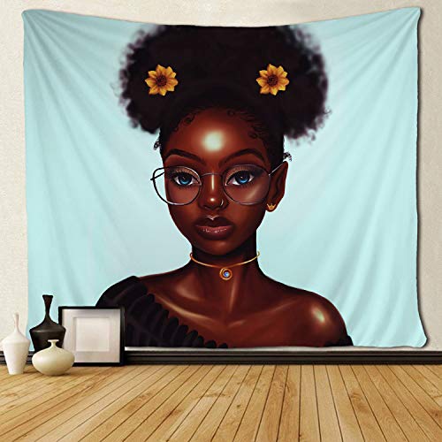 Product Cover SARA NELL Black Art Wall Tapestry Hippie Art African American Girl Hair with Sunflower Tapestries Wall Hanging Throw Tablecloth 50X60 Inches for Bedroom Living Room Dorm Room ¡­
