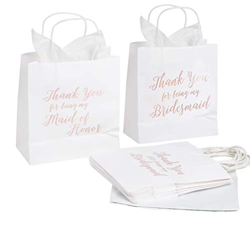 Product Cover 11 Bridesmaid and 1 Maid of Honor Thank You Paper Gift Bag, Rose Gold Foil Text, Includes 20 Sheets of Tissue Paper, Perfect for Bridal Party Favors, White, 9 x 8 x 4 Inches