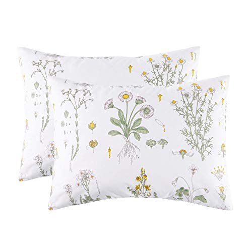 Product Cover Wake In Cloud - Pack of 2 Pillow Cases, 100% Cotton Pillowcases, Yellow Botanical Flowers and Green Leaves Floral Garden Pattern Printed on White (King Size, 20x36 Inches)