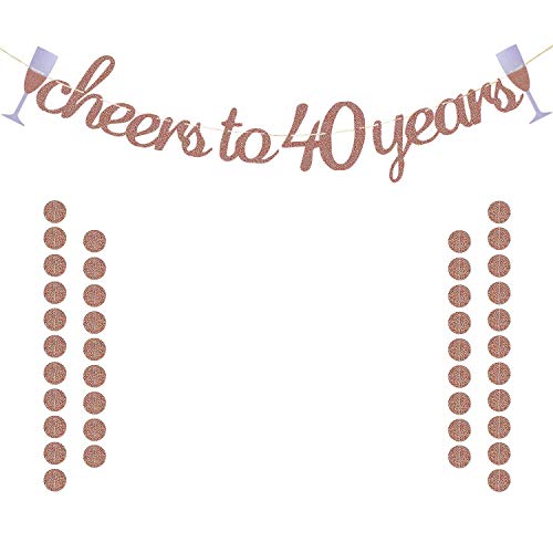 Product Cover Glittery Rose Gold Cheers to 40 Years Banner for 40th Birthday Wedding Anniversary Party Decorations Supplies | Extra Rose Gold Glittery Circle Dots Garland