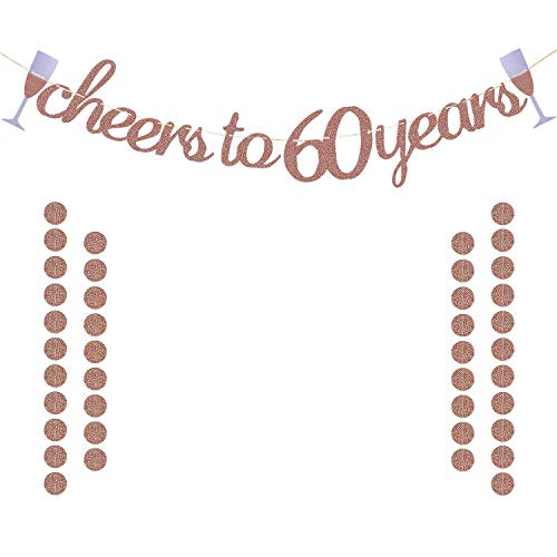 Product Cover Glittery Rose Gold Cheers to 60 Years Banner for 60th Birthday Wedding Anniversary Party Decorations Supplies | Extra Rose Gold Glittery Circle Dots Garland