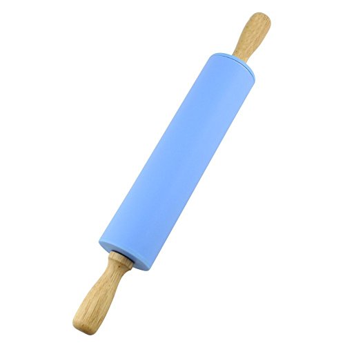 Product Cover Silicone Rolling Pin Non Stick Surface Wooden Handle 1.97X15.15 (Blue)