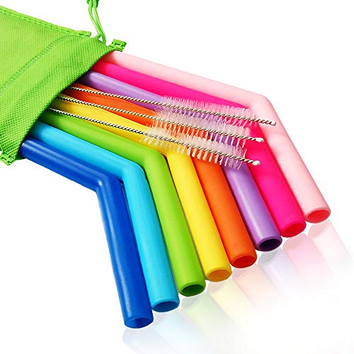 Product Cover WALFOS Reusable Silicone Drinking Straws, Extra long Bendy Straws with Cleaning Brushes for 20 & 30 oz Yeti/Rtic/Ozark/Trail Tumblers - 11 Pieces - BPA free - No Rubber Taste