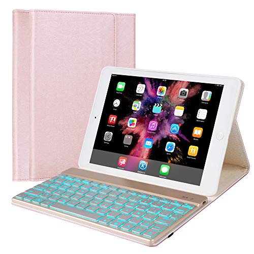 Product Cover iPad Keyboard Case Compatible with iPad 9.7 2018 (6th Gen) / iPad 2017 (5th Gen) / iPad Pro 9.7 / iPad Air 2 & 1, BT 7 Color Backlit Keyboard, Leather Folio Detachable Keyboard Cover (9.7, Rose Gold)