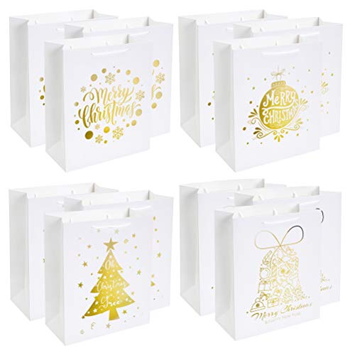 Product Cover UNIQOOO 12 Pack Large Merry Christmas Holiday Gift Bags -4 White & Metallic Gold Foil Designs for Christmas Presents, Perfect for Wrapping Stocking Stuffers, New Year Party Favors
