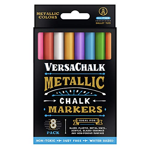 Product Cover Metallic Liquid Chalk Markers by VersaChalk - 8 Wet Erase Chalkboard Pens for Blackboard, Dry Erase White Board, LED Message Board - 3mm Fine Tip