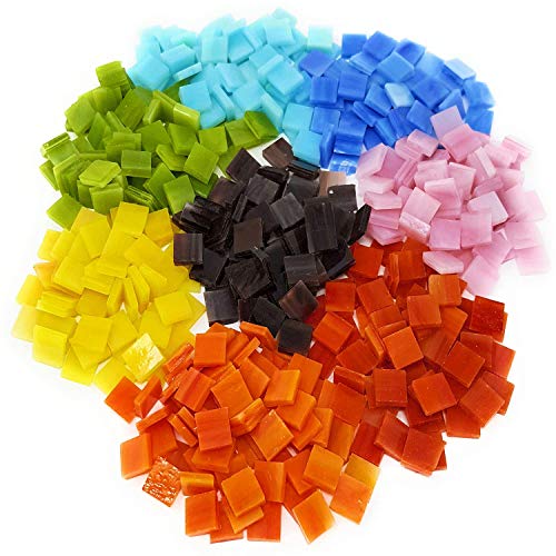 Product Cover Colorful Mosaic Tiles - 480 Pieces Pack of Assorted Stained Glass Mosaic Tile Supplies for DIY Crafts, Plates, Picture Frames, Flowerpots, Handmade Jewelry - Small Square Decorative Tiles in 8 Colors