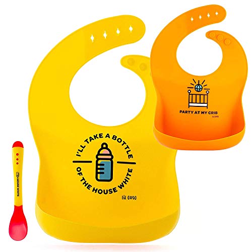 Product Cover Lil Orso Baby Bibs and Plastic Spoon - Set of 2 Silicone Bibs for Infant Boy and Girl! Soft, Waterproof Drool Bib for Babies Feeding and Teething Or Toddler Spills!