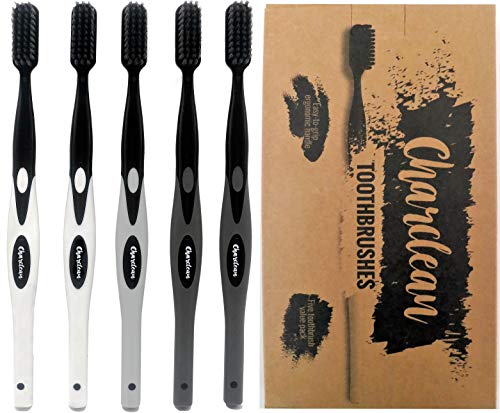 Product Cover 5 Pack Activated Charcoal Infused Toothbrush Ultra Soft Bristles - Naturally Whitening - Ergonomic Soft Touch Handle (Grey)