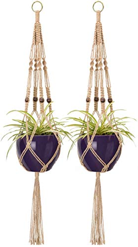 Product Cover Mkono 2 Pcs Macrame Plant Hangers Indoor Outdoor Hanging Planter Basket Jute Rope with Beads 4 Legs 40 inch