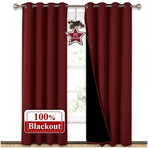 Product Cover NICETOWN 100% Blackout Curtains with Black Liner Backing, Thermal Insulated Curtains for Living Room, Noise Reducing Drapes for Christmas, Burgundy Red, 52 inches x 84 inches Per Panel, Set of 2