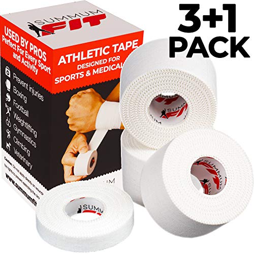 Product Cover Athletic Tape White Extremely Strong: 3 Rolls + 1 Finger Tape. Easy to Apply & No Sticky Residue. Medical Sports Tape for Boxing, Football or Climbing. Enhance Hand, Wrist & Ankle Protection NOW