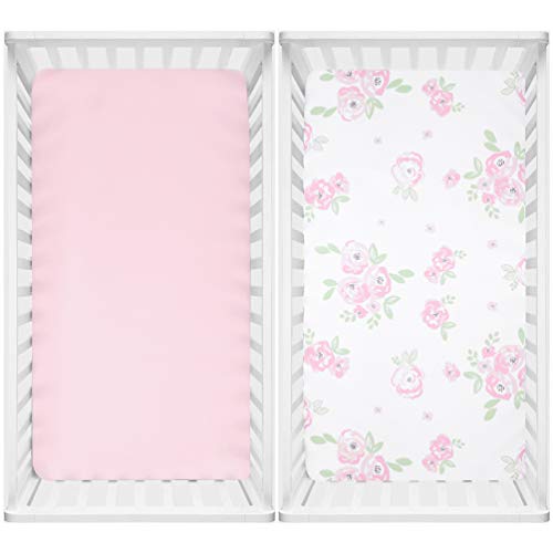 Product Cover TILLYOU Microfiber Floral Crib Sheets for Girls, Silky Soft Toddler Sheets Printed, Breathable Cozy Baby Sheet Set, 28 x 52in, 2 Pack Rose Floral + Pink