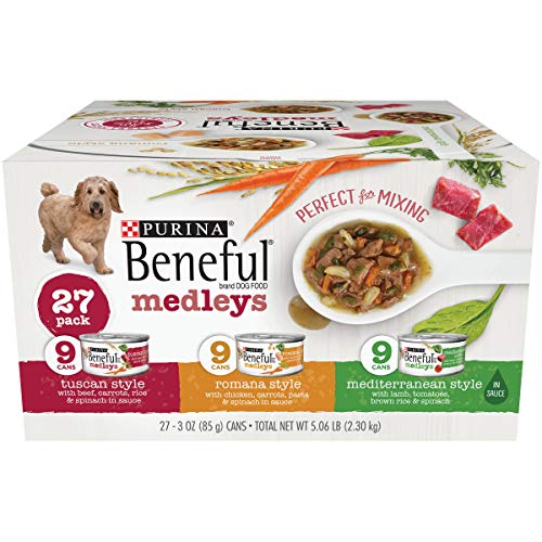 Product Cover Purina Beneful Medleys Variety Wet Dog Food Cans, Pack of 27 (Variety Pack, (27) 3 oz. Tubs)