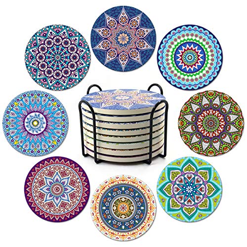 Product Cover Coasters for Drinks,Absorbent Ceramic Stone with Cork Backing Mandala Style Coaster, Suitable for Kinds of Cups and Mugs,Protect Your Furniture from Spills Scratches Water Rings and Damage, Set of 8