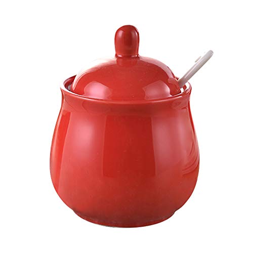 Product Cover Ceramics Sugar Bowl Spice Jar with Lid and Spoon Seasoning Box Condiment Pots 12 Ounces, Red
