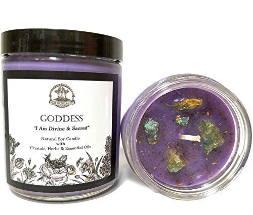 Product Cover Goddess Affirmation Candle: 8 oz Natural Soy with Chrysocolla Crystals, Herbs & Essential Oils for Divinity, Wisdom, Power, Admiration & Spirituality for Wiccan, Pagan & Magic Spells & Rituals