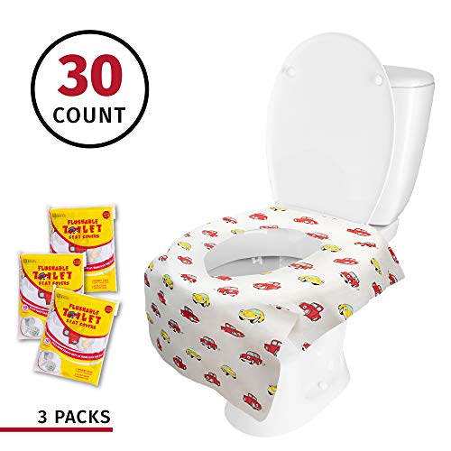 Product Cover Banana Basics Flushable Disposable Toilet Seat Cover (3 Packs, 10 Each) Kid-Friendly, X-Large Coverage | Promotes Proper Hygiene, Cleanliness | Reduce Germs, Messes |