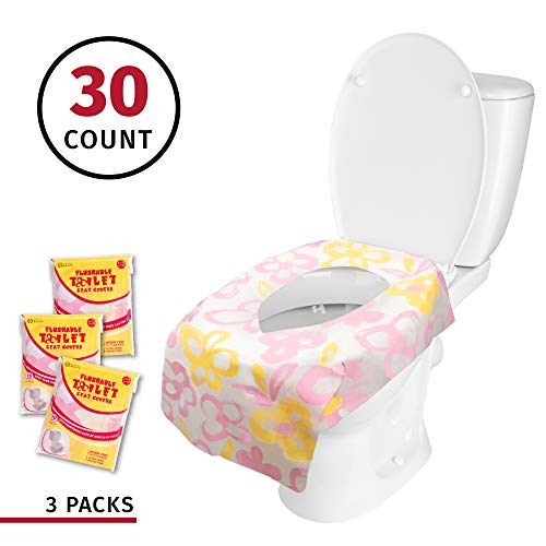 Product Cover Banana Basics Flushable Disposable Paper Toilet Seat Cover (3 Packs, 10 Each) Kid-Friendly, X-Large Coverage | Promotes Proper Hygiene, Cleanliness | Reduce Germs, Messes | (Flowers,30 Pack)