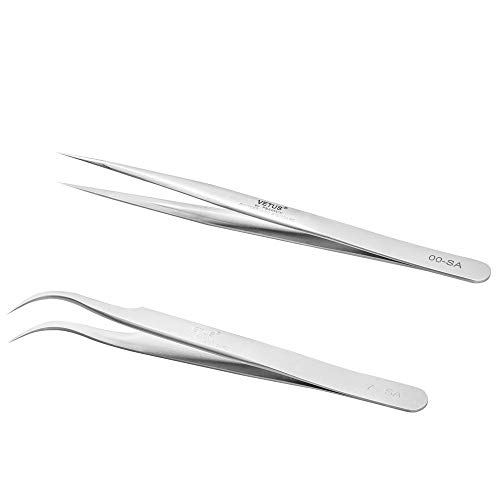Product Cover 2 Pieces VETUS Straight Pointer and J Curved Pointed Tip Tweezers for Eyelash Extensions Precision Lashing Tweezers Professional Tools Set for Isolation False Classic Volume Mink Individual Lash
