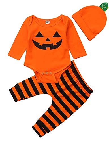 Product Cover Halloween Pumpkin Costumes Infant Baby Boy Girl Romper Top +Stripe Pant+ Hat 3pc Outfit Set