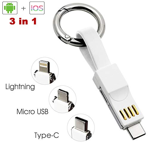 Product Cover Keychain Charger Magnetic Portable Charging Cable 3 in 1 Multi Short Small Fast Charging Cord Compatible All Smartphones Smart Device (White)