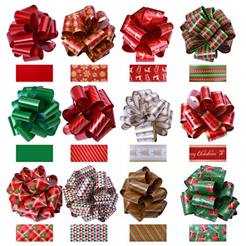 Product Cover KOMIWOO Pack of 24 Ribbon Pull Bows 5-inch Wide, Assorted Xmas Gift Wrapping Ribbon Accessories, Bows, Wine Bottles, Baskets, Great Present Decorations