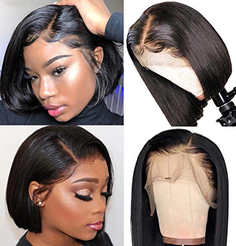 Product Cover Leeven 8 Inch 130% Denisty Natural Black Short Lace Front Human Hair Wig Brazilian Virgin Straight Lace frontal wigs Human Hair Bob Wigs with Baby Hair for Women