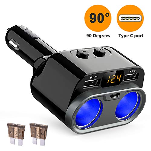 Product Cover HiGoing Cigarette Lighter Adapter, 80W 2 Sockets Splitter Multi Power Outlet Type C 4.8A Dual USB Car Charger with Voltage Display, Built-in Replaceable 10A Fuse Compatible Mobile Phone GPS Dash Cam