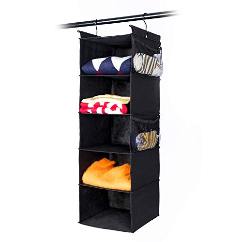 Product Cover MAX Houser 5 Shelf Hanging Closet Organizer,Space Saver, Cloth Hanging Shelves with (4) Side Pockets,Foldable, Black