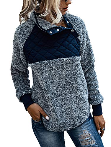 Product Cover SHIBEVER Womens Plus Fleece Pullover Sweatshirt Long Sleeve Coats Cute Jackets Oblique Button Geometric Pattern Outwear Tops