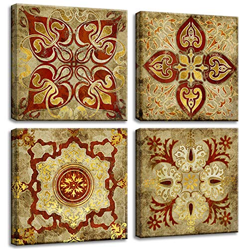 Product Cover 4 Pieces Canvas Wall Art Prints Retro Moroccan Style Gold National Decoration Pattern India Home Decor Painting Pictures Posters Photos Livingroom Bedroom Framed Ready to Hang (12