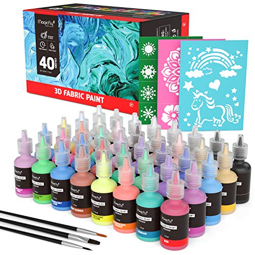 Product Cover Puffy Paints, Magicfly 40 Colors 3D Fabric Paint with 3 Brushes and Stencils, Permanent Textile Paint with Fluorescent, Glow in The Dark, Glitter, Metallic Colors for Clothing, T-Shirt, Glass and Wood
