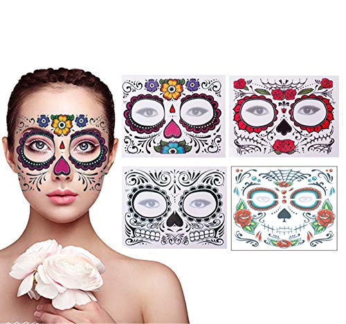 Product Cover 4 Pack Day of The Dead Sugar Skull Face Temporary Tattoo Halloween Makeup Tattoo Stickers for Halloween Masquerade Party(Floral, Red Roses,Black and Floral Skeleton)