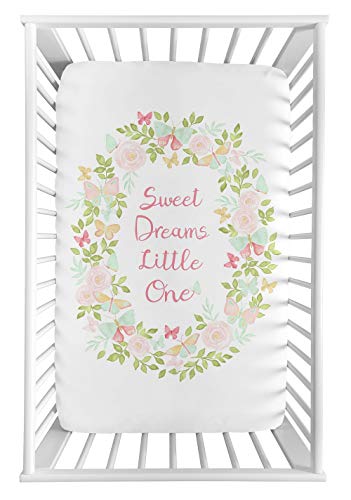 Product Cover Sweet Jojo Designs Blush Pink, Mint and White Watercolor Rose Baby Girl Fitted Mini Portable Crib Sheet for Butterfly Floral Collection - Sweet Dreams Little One - for Mini Crib or Pack and Play ONLY