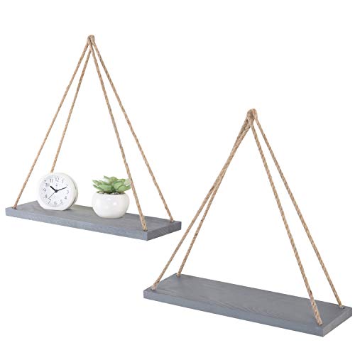 Product Cover MyGift 17-Inch Slate-Gray Color Wood Hanging Swing Rope Shelves, Set of 2
