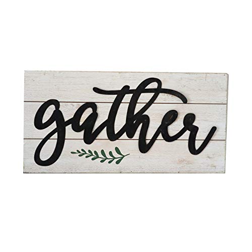 Product Cover Parisloft Gather Rustic Black Metal 3D Quote on White Wood Wall Decor Sign Plaque 23.6 x 11.8 x 1.8 Inches (Gather)