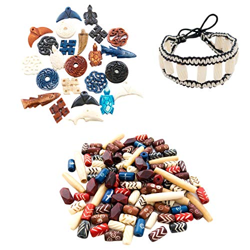 Product Cover 124 Bone Pendants & Bone Beads for Jewelry Making, Natural Ox Buffalo Bone African Beads, Hand Carved Bulk Beads Bead Assortment, Large Beads for Native American & Indian Projects (Set-1)