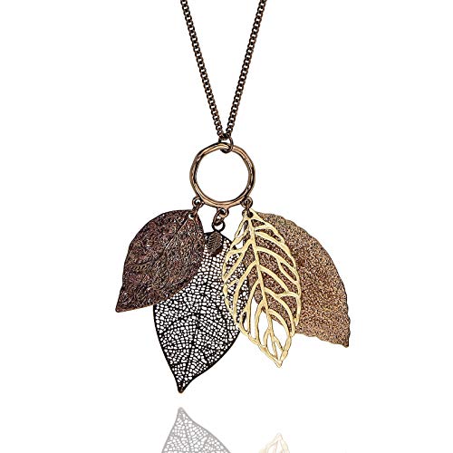 Product Cover POMINA Gold Silver Two Tone Filigree Leaf Pendant Long Necklace Chic Pendant Chain Necklace for Women (Worn Choco Gold)