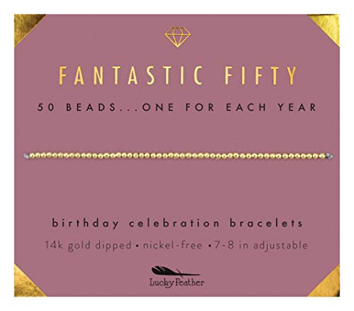 Product Cover Lucky Feather 50th Birthday Gifts for Women; 14K Gold Dipped Beads Bracelet on Adjustable 7