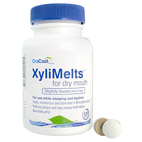 Product Cover OraCoat XyliMelts Dry Mouth Relief Moisturizing Oral Adhering Discs Slightly Sweet with Xylitol For Dry Mouth, Stimulates Saliva, Non-Acidic, Day & Night Use, Time Release for up to 8 Hours, 120 Count
