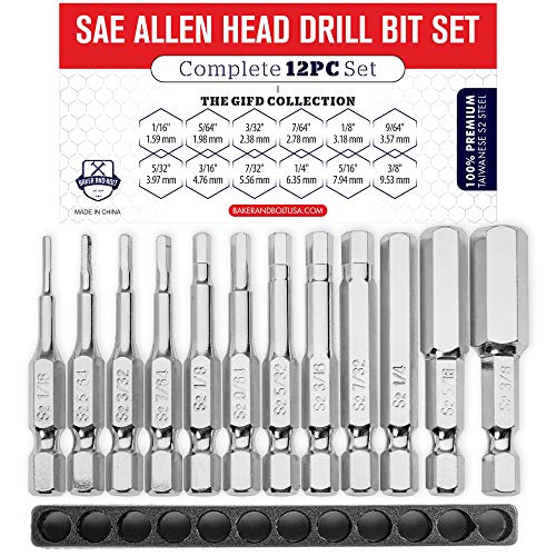 Product Cover Baker and Bolt Allen Wrench Drill Bit Set (12pc COMPLETE SAE SET) Hex Shank Magnetic Bit Set - THE GIFD COLLECTION - Fortified S2 Steel - Long 2in Heads for Handheld and Electric Drills