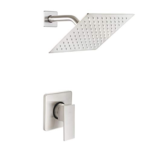 Product Cover POP Single Function Shower Trim Kit with Rough-in Valve, Bathroom Rain Shower Set Bath Rainfall Shower Faucet System with Square Stainless Steel Metal Showerhead, Brushed Nickel