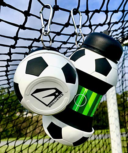 Product Cover BRIILLIANCE Collapsible Soccer Ball Water Bottle Jug Leak Proof Silicone BPA Free Fun Cool Stocking Stuffer Idea for Kids Sports Squeezable Durable Compact w/Clip Rapid Flow Straw Wide Mouth