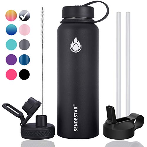 Product Cover Sendestar 32 oz Double Wall Vacuum Insulated Leak Proof Stainless Steel Sports Water Bottle-Wide Mouth with Straw Lid & Flex Cap & Spout Lid (Black)
