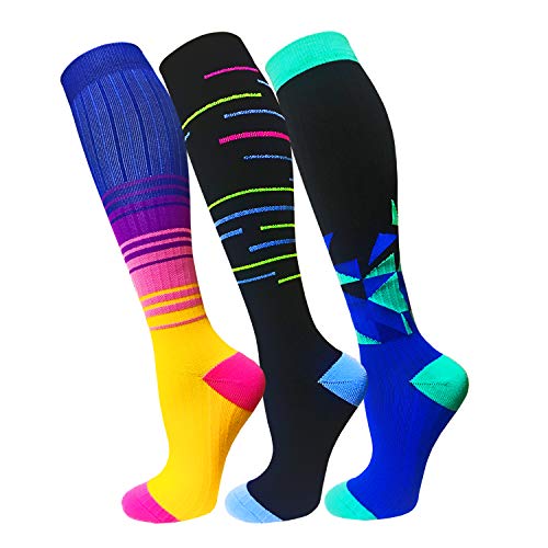 Product Cover Compression Socks for Men & Women(3 Pairs),15-20mmHg is Best Stockings for Running,Nurses,Athletic,Medical,Pregnancy,Travel-Boost Performance,Blood Circulation&Recovery(Multicoloured 8,Large/X-Large)