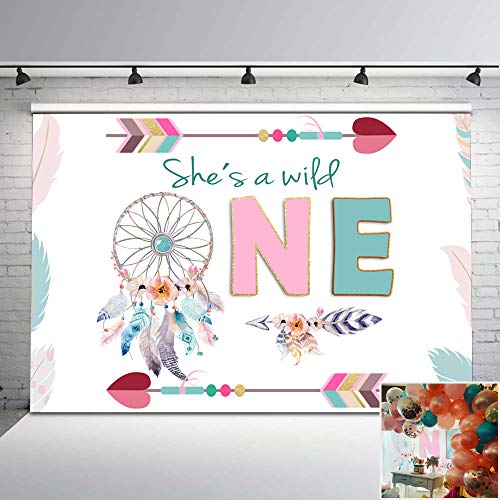 Product Cover Mehofoto Wild One Birthday Backdrop Boho Girls First Birthday Photography Backdrops 7x5 Feather Arrows Bohemian Dreamcatcher Vinyl Background for First Birthday