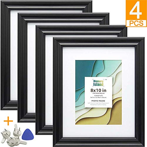 Product Cover Memory Island, 8x10 Picture Frames with 5x7 Mat, Set of 4 Pack in Black, Vertical or Horizontal Display for Wall or Tabletop. Glass Fronts Photo Frame.
