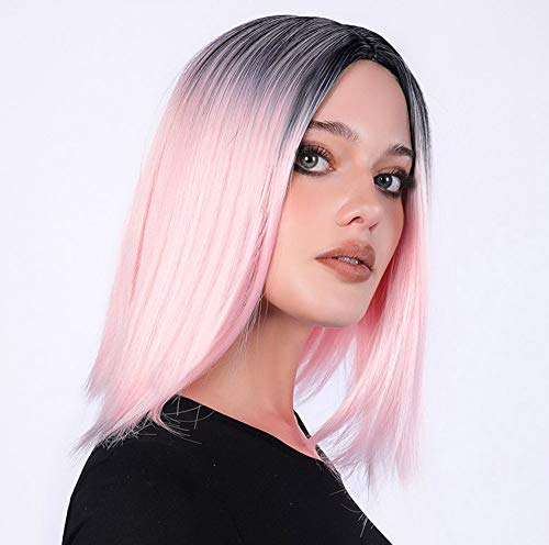 Product Cover aSulis Ombre Pink Wigs Straight Short Length Wigs for Women Middle Part Wigs Dark Roots Heat Resistant Synthetic Wigs (Pink)