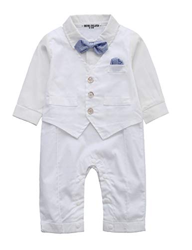 Product Cover HMD Baby Boy Long Sleeve Gentleman White Shirt Waistcoat Bowtie Tuxedo Onesie Jumpsuit Overall Romper (Whithe, 9-12 M)